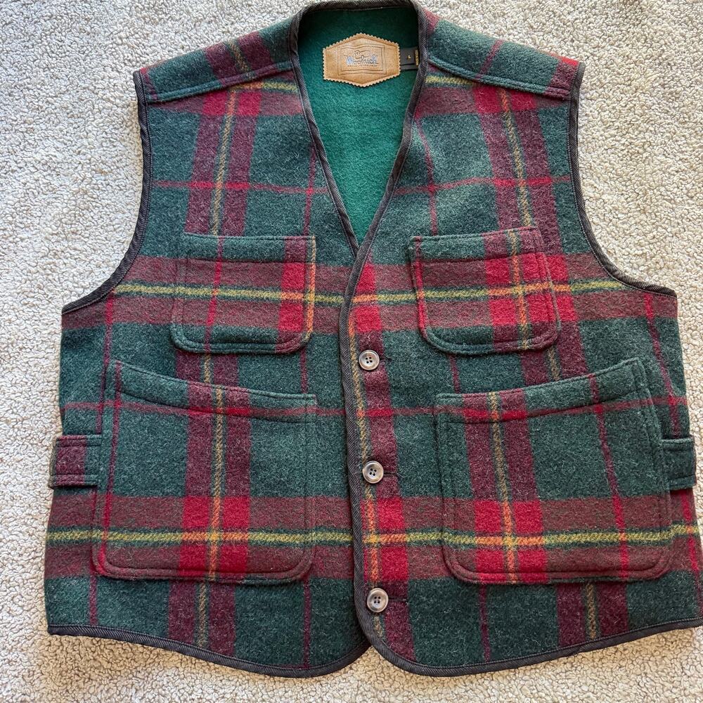 Vintage Woolrich Wool Hunting Vest Mens L Tartan Plaid Button Front Made USA